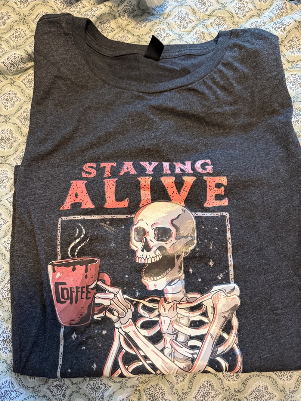 Staying Alive Skeleton Coffee Graphic Tee - Dark Gray